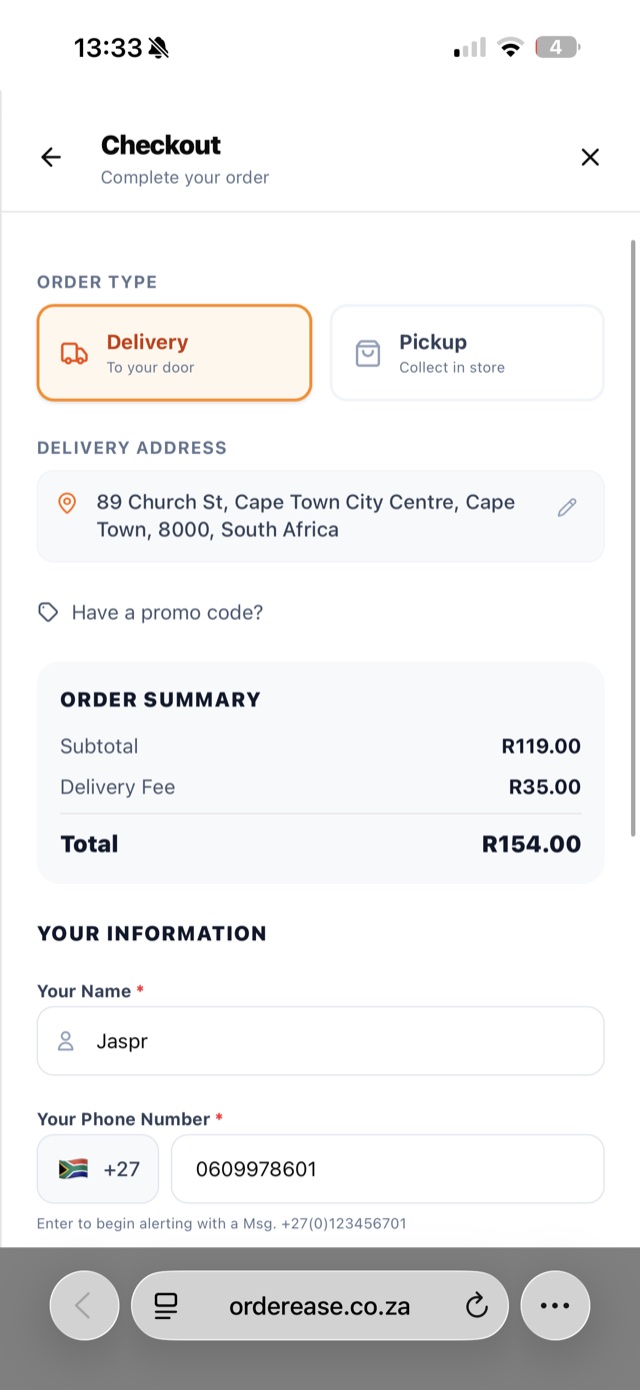 Checkout with a delivery-or-pickup choice, delivery address, and order summary